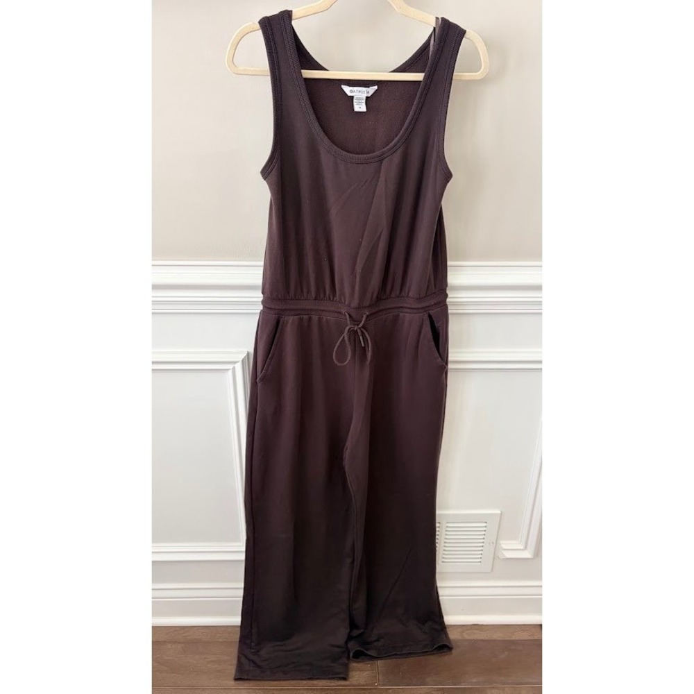 Athleta Brown Plum MEDIUM Fleece Sleeveless Wide Leg Jumpsuit Pockets